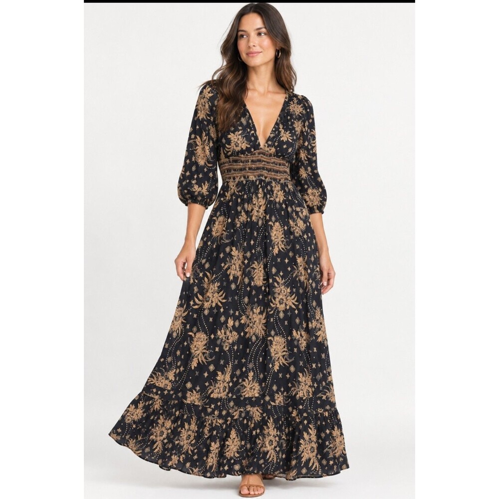 Free People Black Beige Floral Smocked V-Neck Lined Maxi Dress Puff 3/4 Small